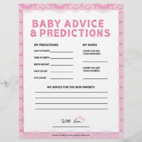 Baby Advice  Predictions Luxury Lace Pink Letterhead