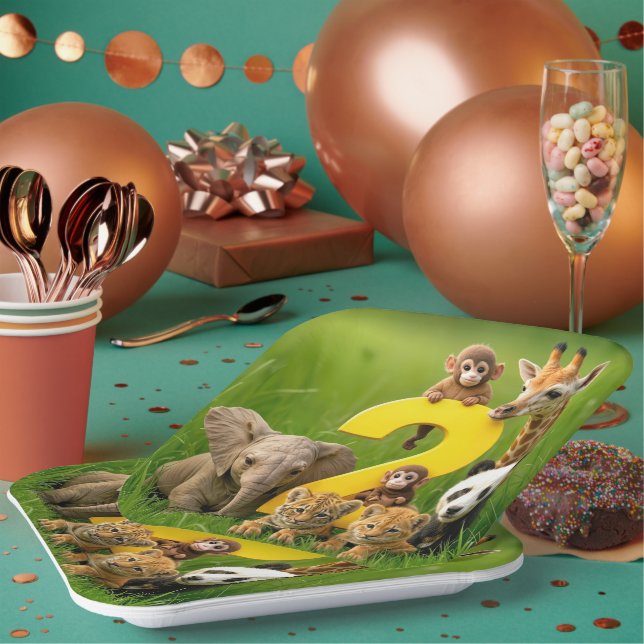 Baby African Animals With a Big Number Two Paper Plates (Multi)