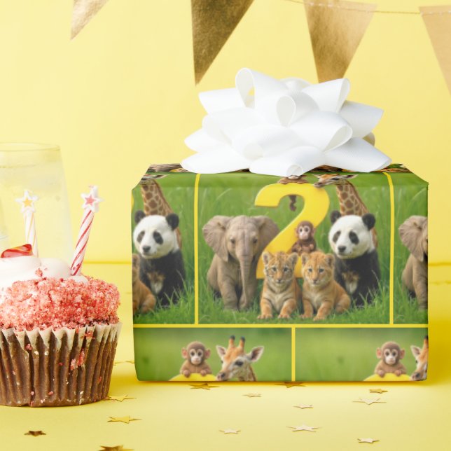 Baby African Animals With a Big Number Two Wrapping Paper (Birthday Party)