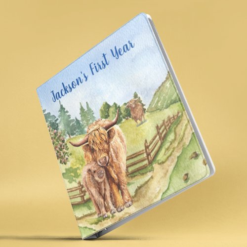 Baby Album Highland Cow Calf Watercolor Farm 3 Ring Binder