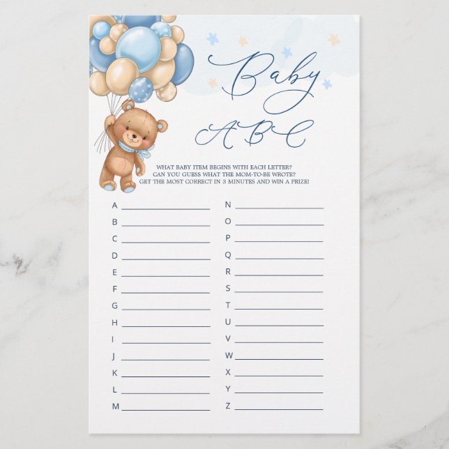 Baby Alphabet ABC Game Teddy Bear Baby Shower  (Front)