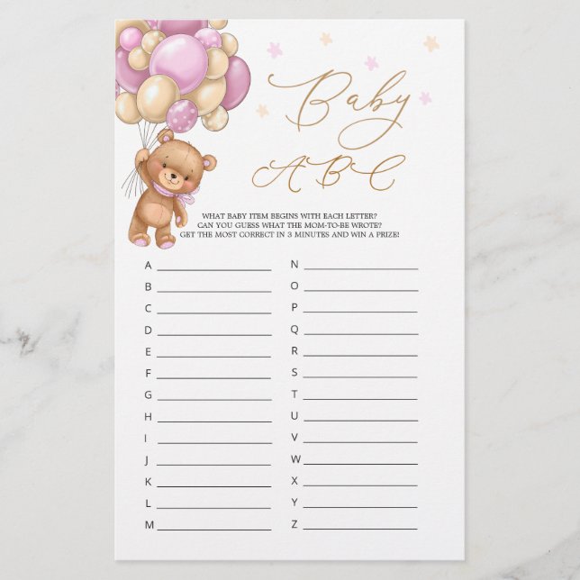 Baby Alphabet ABC Game Teddy Bear Baby Shower  (Front)