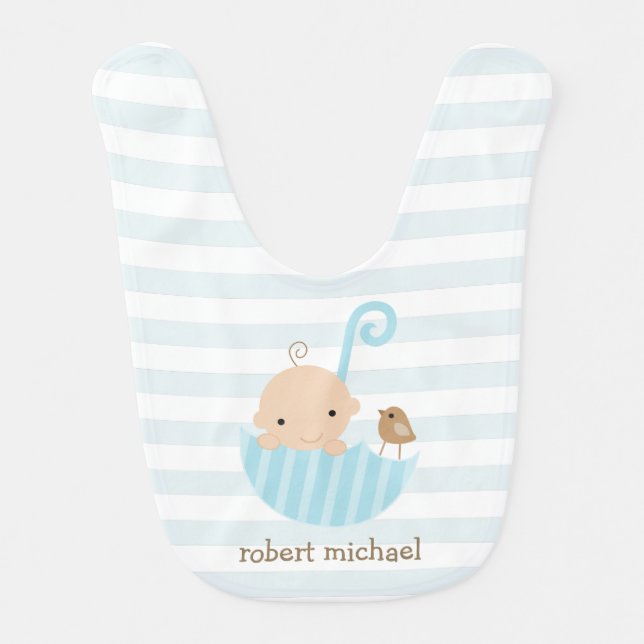 Baby and Bird in Blue Umbrella Baby Bib (Front)
