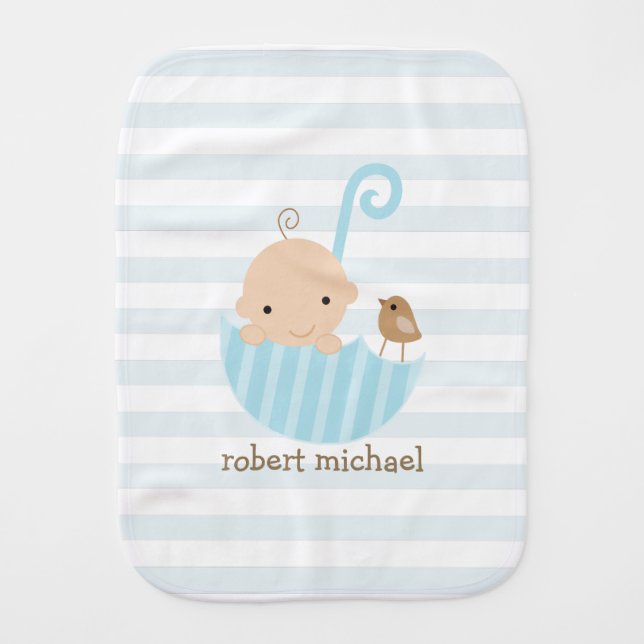 Baby and Bird in Blue Umbrella Burp Cloth (Front)