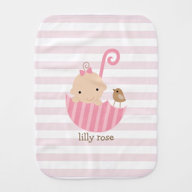 Baby and Bird in Pink Umbrella Burp Cloth (Front)