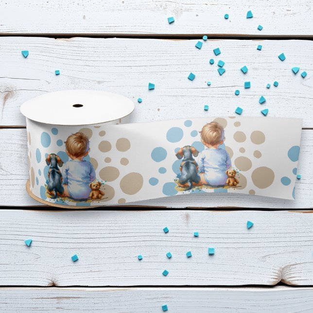 Baby and Dachshund Puppy Baby Shower Satin Ribbon (Creator Uploaded)