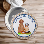 Baby and Dog Baseball Baby Shower Grandma to Be Button<br><div class="desc">Brown and Blue personalized boy's Grandma to be button with a baby boy sitting next to a dog with a baseball theme.</div>