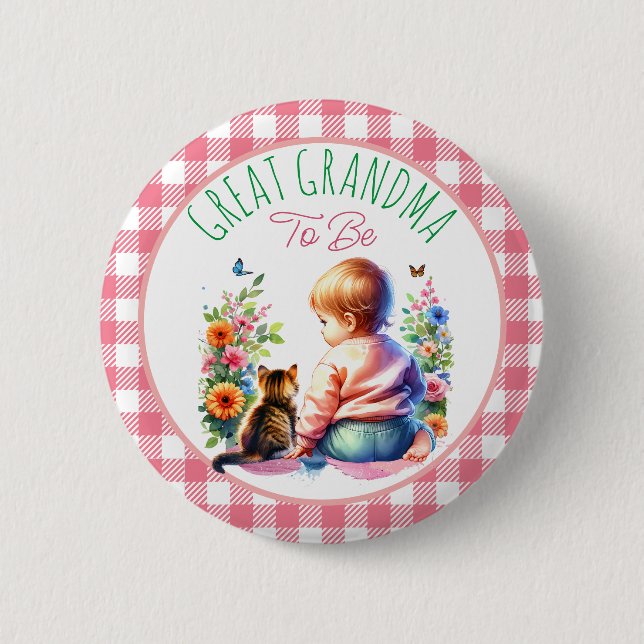 Baby and Kitten | Great Grandma to be Baby Shower Button (Front)