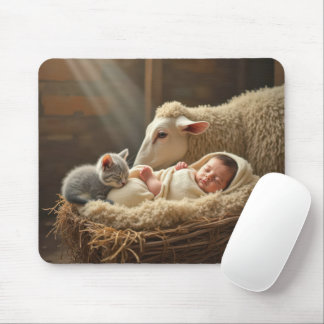Baby and Kitten In a Barn Manger Mouse Pad