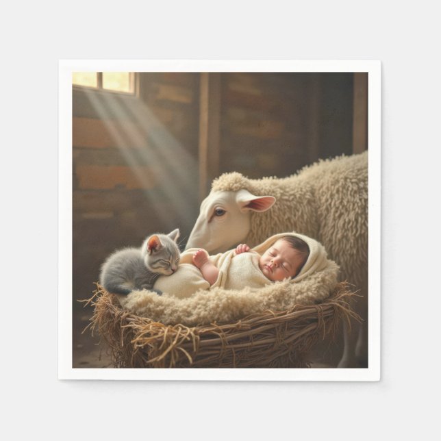 Baby and Kitten Sleeping In a Barn  Napkins (Front)
