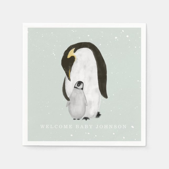 Baby and Mama Penguin Blue Winter Boy Baby Shower Napkins (Front)
