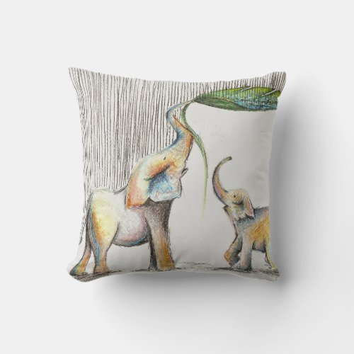 Baby and Mom Elephant Watercolor Throw Pillow