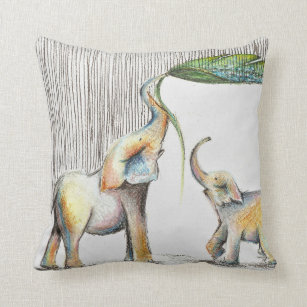 Baby and Mom Elephant Watercolor Throw Pillow