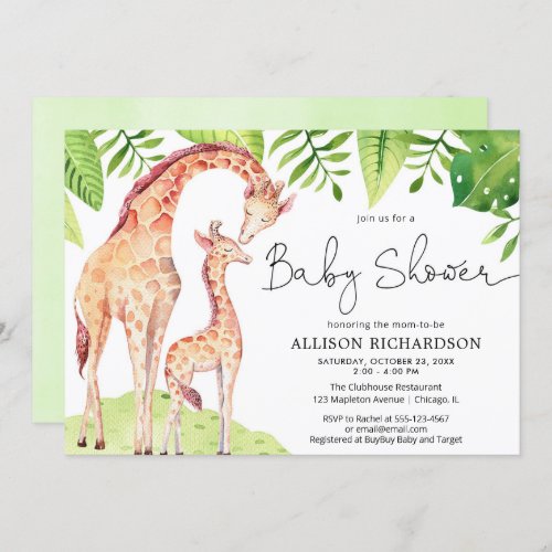 Baby and mommy giraffe safari greenery baby shower invitation