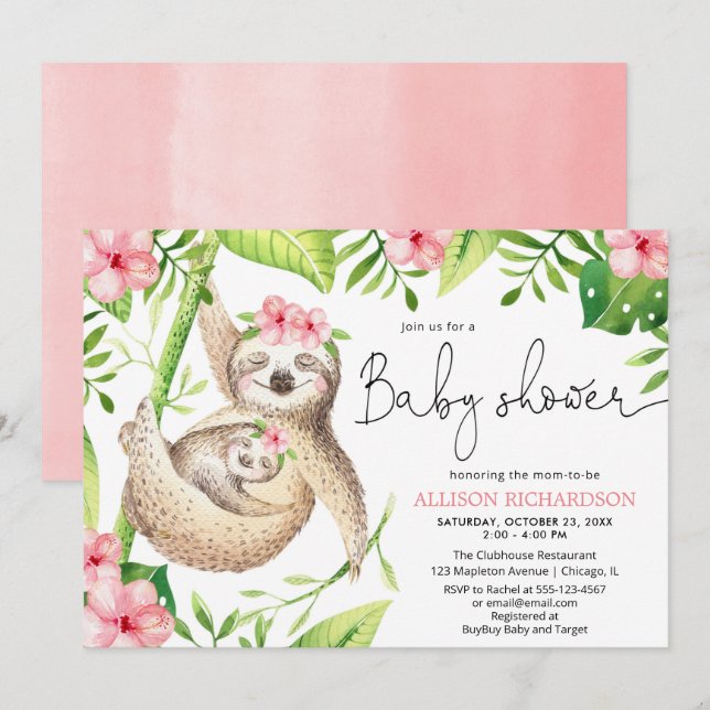 Baby and mommy sloth pink green girl baby shower invitation (Front/Back)