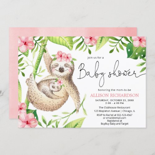Baby and mommy sloth pink green girl baby shower invitation