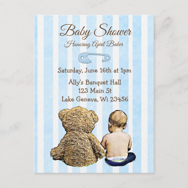 Baby and Teddy Bear Baby Shower Postcard Invites (Front)