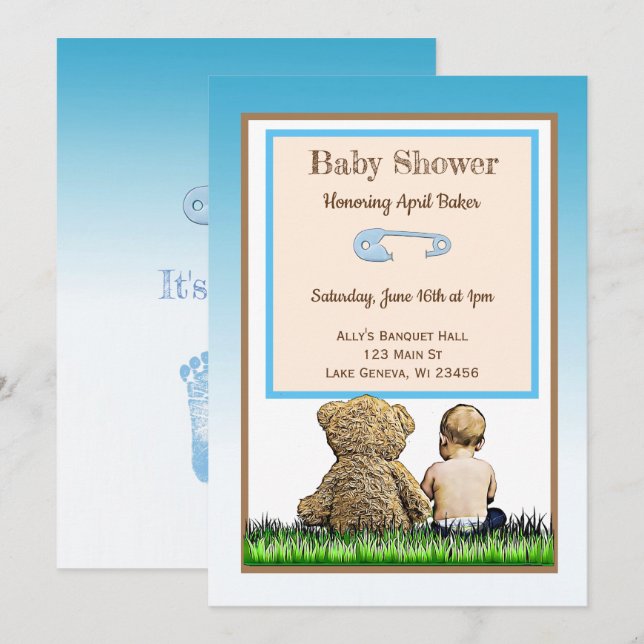Baby and Teddy Bear Boys Baby Shower Invitation (Front/Back)