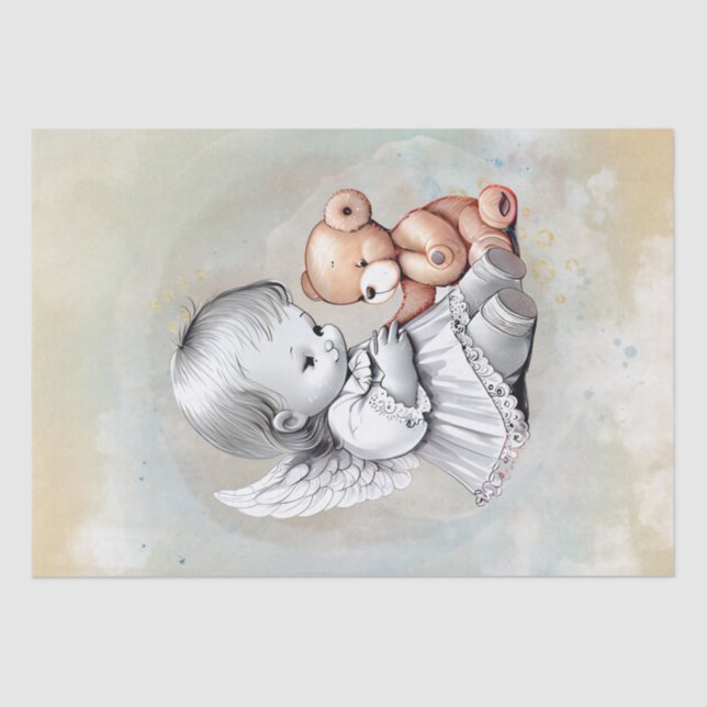 Baby Angel and Teddy Bear Watercolor Tissue Paper (Front)