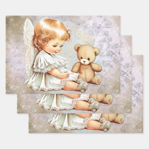 Baby Angel and Teddy Bear Watercolor Wrapping Paper Sheets
