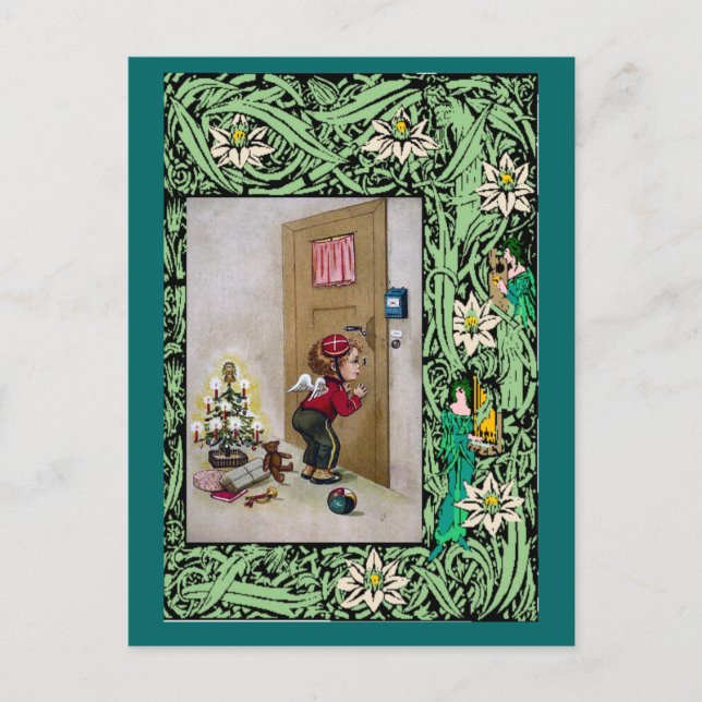 Baby angel at the door holiday postcard (Front)