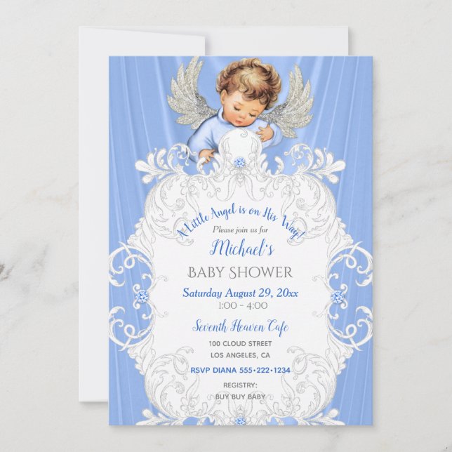 Baby Angel Blue Silver Light Skin Tone Invitation (Front)