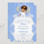 Baby Angel Blue Silver Medium Skin Tone Invitation (Front/Back)