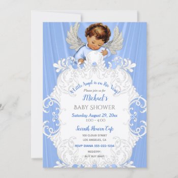 Baby Angel Blue Silver Medium Skin Tone Invitation by nawnibelles at Zazzle