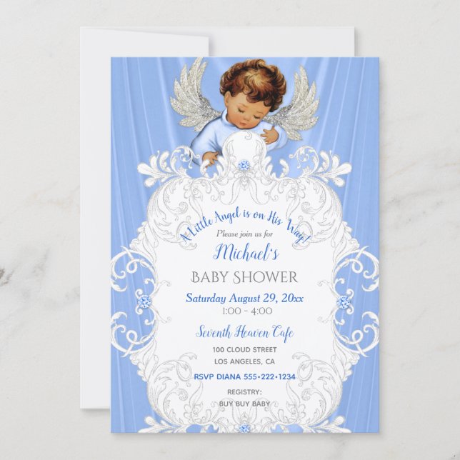 Baby Angel Blue Silver Medium Skin Tone Invitation (Front)