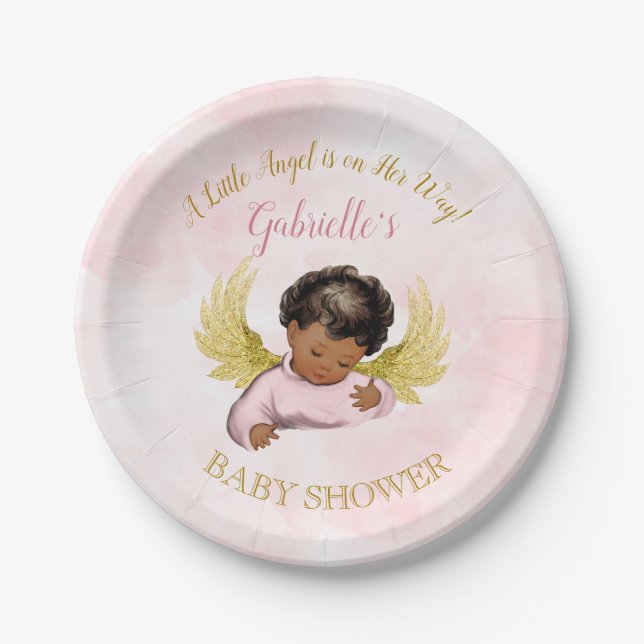 Baby Angel Girl Pink Gold African American Paper Plates (Front)