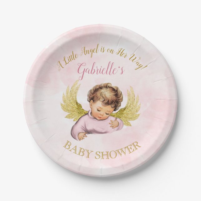 Baby Angel Girl Pink Gold Little Angel On Her Way Paper Plates (Front)