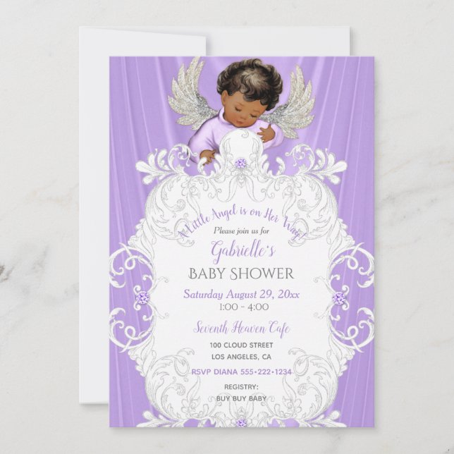 Baby Angel Lavender Silver Dark Skin Tone Invitation (Front)
