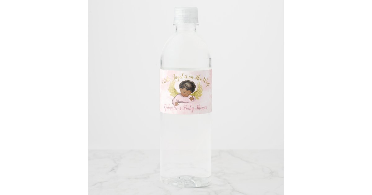 Baby Angel Pink Gold African American Girl Water Bottle Label | Zazzle