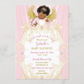 Baby Angel Pink Gold Girl African American Invitation by nawnibelles at Zazzle