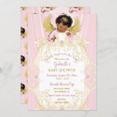 Baby Angel Pink Gold Girl African American Invitation (Front/Back)