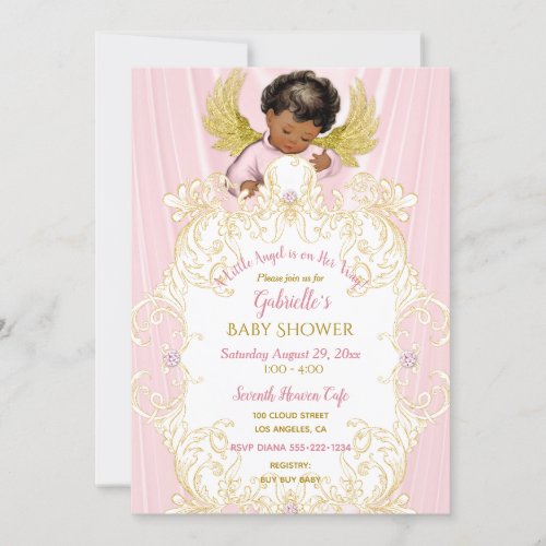 Baby Angel Pink Gold Girl African American Invitation