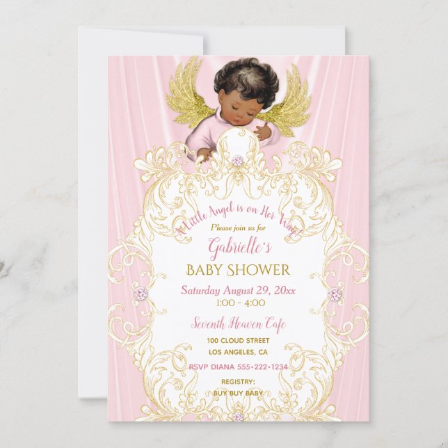 Baby Angel Pink Gold Girl African American Invitation (Front)