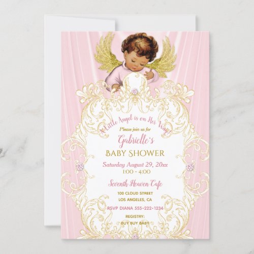 Baby Angel Pink Gold Girl Ethnic Invitation