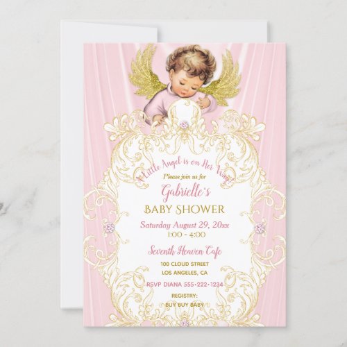 Baby Angel Pink Gold Girl Invitation