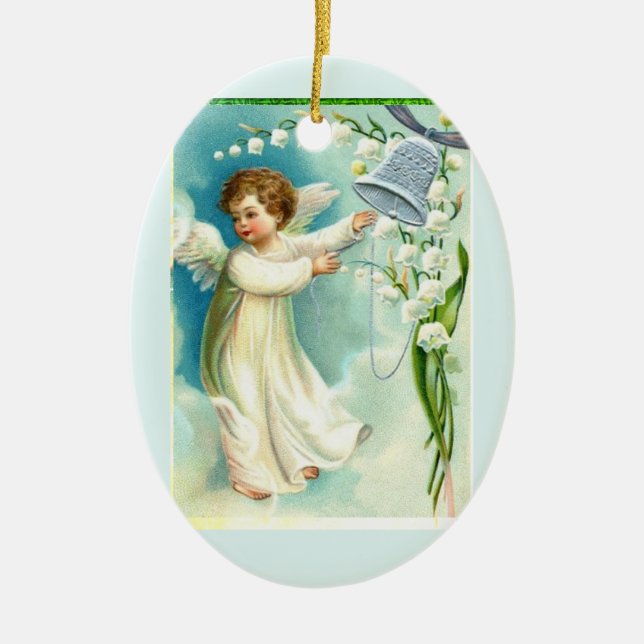 Baby Angel With Blue Bell  Ceramic Ornament (Front)