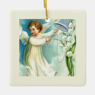 Baby Angel With Blue Bell  Ceramic Ornament