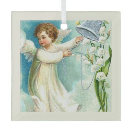 Baby Angel With Blue Bell  Glass Ornament
