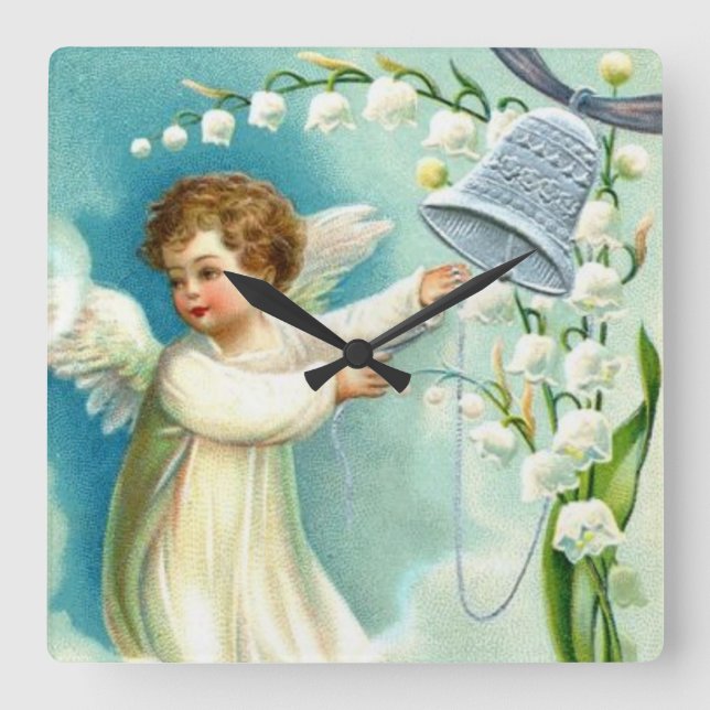 Baby Angel With Blue Bell Square Wall Clock (Front)
