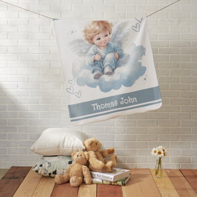 Baby Angel With Childs Name - Blue Baby Blanket (In Situ)