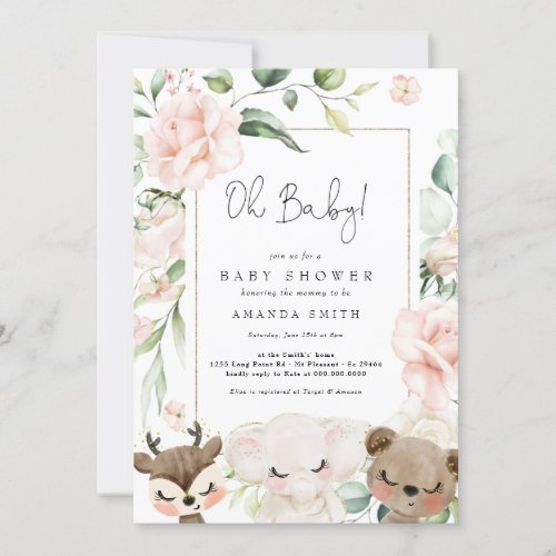 Baby Animal Blush Flowers Baby Girl Pink Shower In Invitation