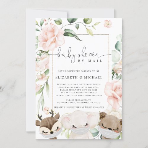 Baby Animal Blush Flowers Baby Shower By Mail Invitation