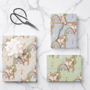 Baby Animal Deer Blue Green Tan Wrapping Paper Sheets