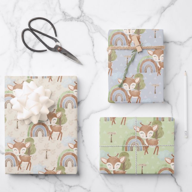 Baby Animal Deer Blue Green Tan Wrapping Paper Sheets (Front)
