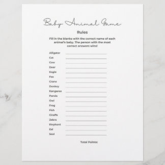 Baby Animal Game for Baby Shower with Answers Letterhead