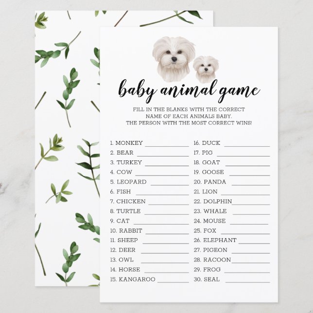 Baby Animal Game White Maltese Dog Watercolor (Front/Back)